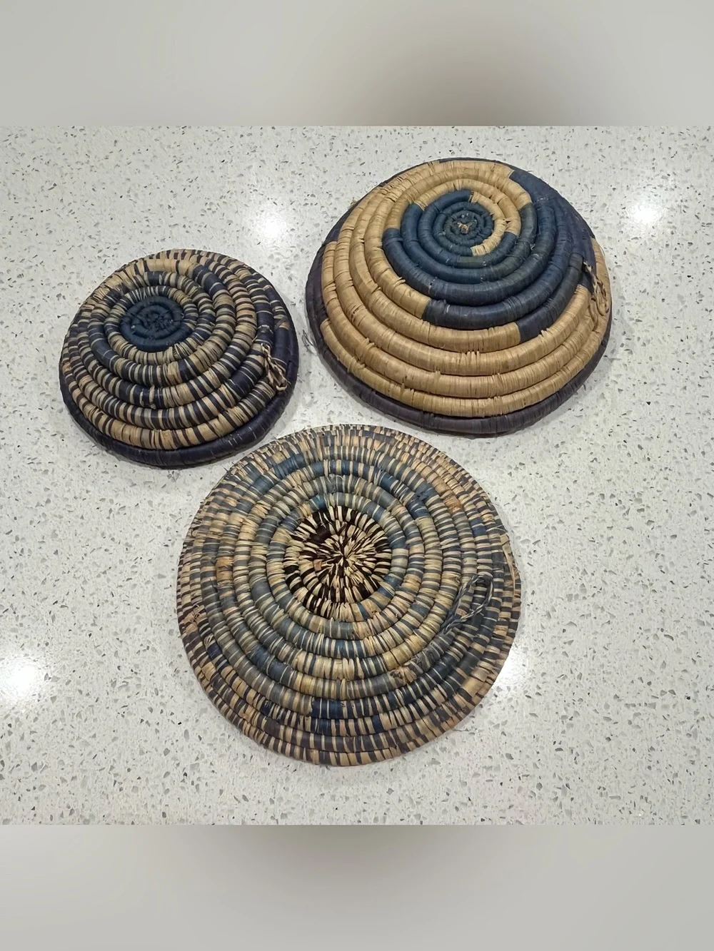 African Uganda Woven Bowl Set (3)- Coastal Light Purple Woven Blues & White
